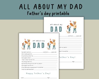 All About My Dad Printable, Father's Day Gift From Kid, Dad Questionnaire, Fill in the Blank Father's Day Card From Girl, Gift From Daughter