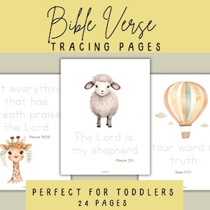 Può includere: Pagine di tracciamento di versetti biblici per bambini piccoli. Le pagine presentano illustrazioni di una giraffa, una pecora e una mongolfiera. Ogni pagina include un versetto biblico in un carattere tracciabile. Il testo in alto dice "Bible Verse Tracing Pages".