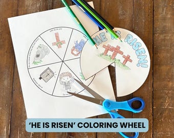 Puede incluir: Una rueda de colorear imprimible con un círculo dividido en seis secciones. Cada sección tiene una imagen diferente relacionada con la historia de Pascua. El centro de la rueda dice "¡Ha resucitado!" y el texto "'HA RESUCITADO' RUEDA DE COLOREAR" está debajo de la rueda.