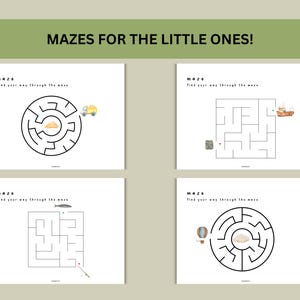 K&ouml;nnte beinhalten: Vier Schwarz-Wei&szlig;-Labyrinthe f&uuml;r Kinder. Jedes Labyrinth hat ein anderes Thema: ein LKW, ein Boot, ein Fisch und ein Hei&szlig;luftballon. Die Labyrinthe sind auf wei&szlig;em Papier gedruckt mit den Worten "Labyrinth" und "Finde deinen Weg durch das Labyrinth" oben auf jeder Seite.