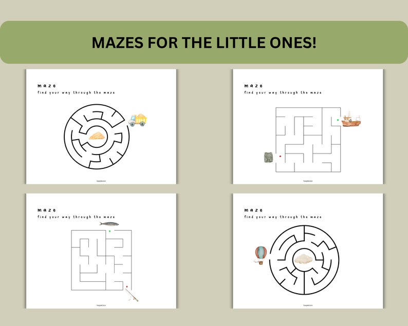 K&ouml;nnte beinhalten: Vier Schwarz-Wei&szlig;-Labyrinthe f&uuml;r Kinder. Jedes Labyrinth hat ein anderes Thema: ein LKW, ein Boot, ein Fisch und ein Hei&szlig;luftballon. Die Labyrinthe sind auf wei&szlig;em Papier gedruckt mit den Worten "Labyrinth" und "Finde deinen Weg durch das Labyrinth" oben auf jeder Seite.