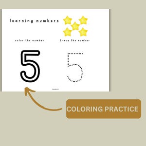 May include: A printable worksheet for learning numbers. The worksheet features a large number 5 to color and a dotted number 5 to trace. The worksheet is decorated with five yellow stars.