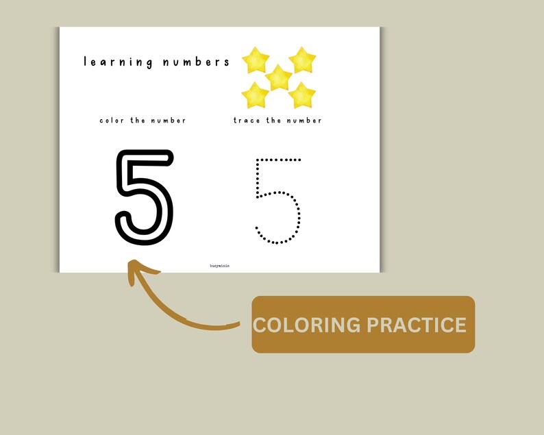 May include: A printable worksheet for learning numbers. The worksheet features a large number 5 to color and a dotted number 5 to trace. The worksheet is decorated with five yellow stars.