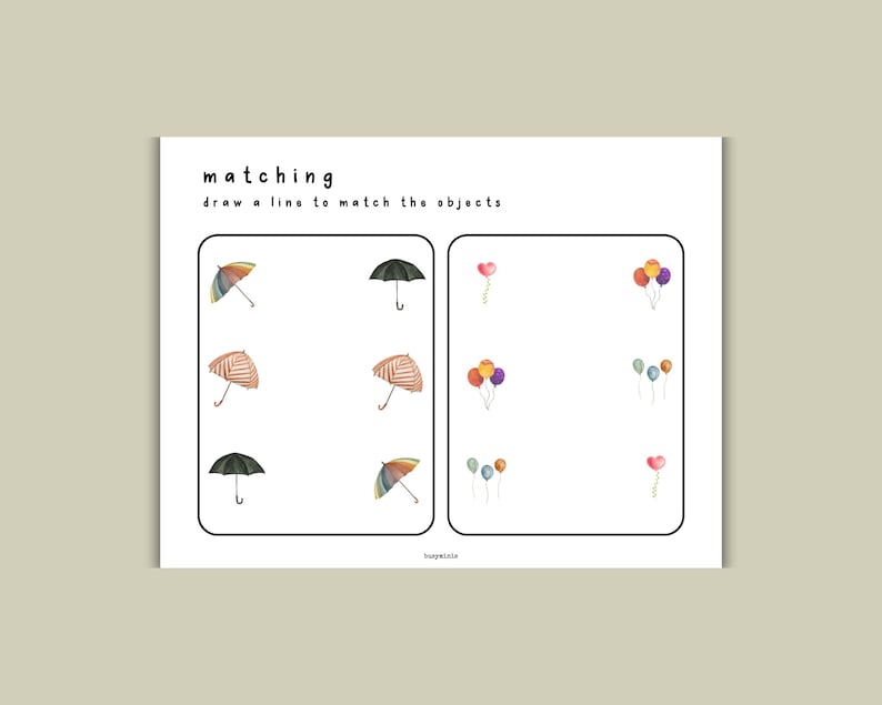 K&ouml;nnte beinhalten: Ein ausdruckbares Arbeitsblatt mit dem Wort "matching" und der Anweisung "draw a line to match the objects". Das Arbeitsblatt hat zwei Spalten, eine mit Bildern von Regenschirmen und die andere mit Bildern von Ballons.
