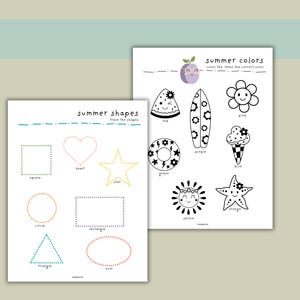 May include: Two printable worksheets for kids. The first worksheet features a variety of shapes to trace, including a square, heart, star, circle, rectangle, triangle, and oval. The second worksheet features summer-themed images to color, including a watermelon, surfboard, flower, ice cream cone, donut, sun, and starfish.