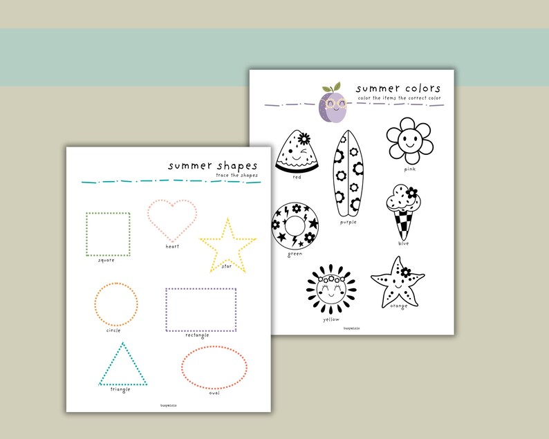 May include: Two printable worksheets for kids. The first worksheet features a variety of shapes to trace, including a square, heart, star, circle, rectangle, triangle, and oval. The second worksheet features summer-themed images to color, including a watermelon, surfboard, flower, ice cream cone, donut, sun, and starfish.