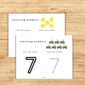May include: Two printable worksheets for learning the number seven. The first worksheet has five yellow stars and the text "learning numbers", "color the number", and "trace the number". The second worksheet has seven green tractors and the text "learning numbers", "color the number", and "trace the number". The number seven is printed in black on the second worksheet and a dotted line is provided for tracing.