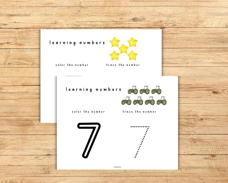 May include: Two printable worksheets for learning the number seven. The first worksheet has five yellow stars and the text "learning numbers", "color the number", and "trace the number". The second worksheet has seven green tractors and the text "learning numbers", "color the number", and "trace the number". The number seven is printed in black on the second worksheet and a dotted line is provided for tracing.