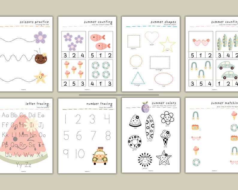 May include: A collection of printable summer-themed educational worksheets for kids. The pages feature activities like scissor practice, counting, shape recognition, letter tracing, number tracing, color matching, and summer-themed illustrations.