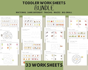 Toddler Worksheet Bundle: Preschool Matching, Tracing, Mazes (Digital Download)