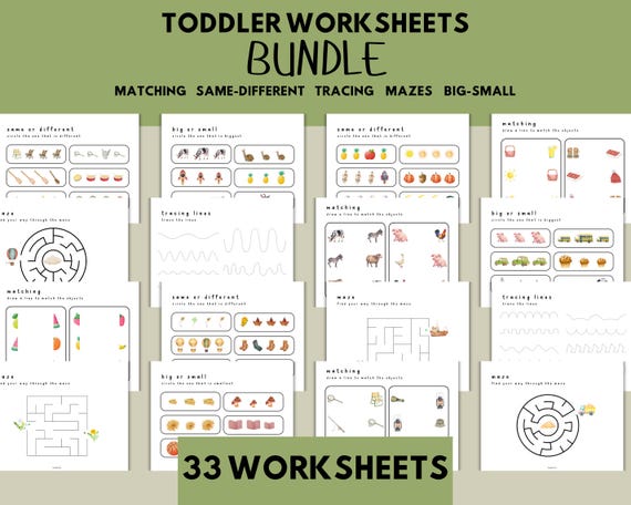 Toddler Worksheet Bundle: Preschool Matching, Tracing, Mazes (Digital Download)
