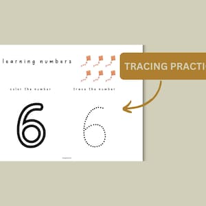 May include: A printable worksheet for learning numbers. The worksheet features the number 6, with instructions to color and trace the number. The worksheet is decorated with a pattern of kites.