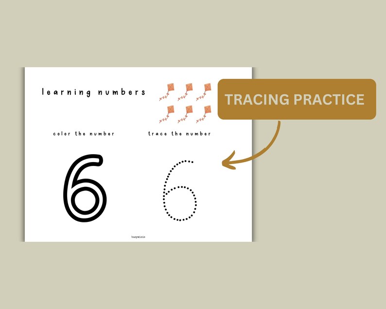 May include: A printable worksheet for learning numbers. The worksheet features the number 6, with instructions to color and trace the number. The worksheet is decorated with a pattern of kites.