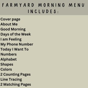 May include: A beige background with the text "FARMYARD MORNING MENU INCLUDES:" followed by a list of topics including "Cover page", "About Me", "Good Morning", "Days of the Week", and more. The text is in a handwritten style.