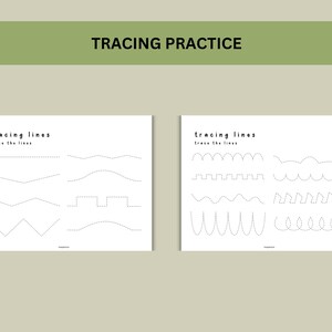 K&ouml;nnte beinhalten: Zwei schwarz-wei&szlig;e druckbare Arbeitsbl&auml;tter mit dem Text "tracing lines" und "trace the lines". Die Arbeitsbl&auml;tter enthalten gepunktete Linien, die Kinder mit einem Bleistift oder Stift nachzeichnen k&ouml;nnen.