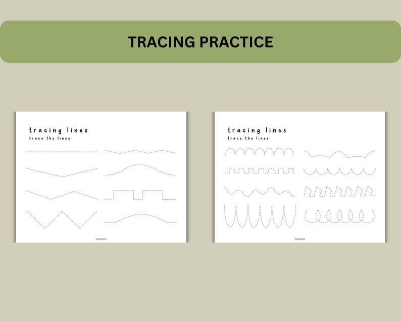 K&ouml;nnte beinhalten: Zwei schwarz-wei&szlig;e druckbare Arbeitsbl&auml;tter mit dem Text "tracing lines" und "trace the lines". Die Arbeitsbl&auml;tter enthalten gepunktete Linien, die Kinder mit einem Bleistift oder Stift nachzeichnen k&ouml;nnen.