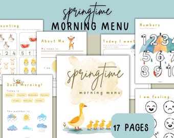 May include: A printable set of 17 pages for a springtime morning menu. The pages feature a variety of activities, including counting, drawing, and writing. The pages are decorated with a watercolor style illustration of a duck and ducklings.