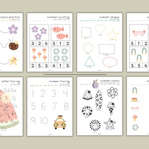 May include: A set of 10 printable summer-themed worksheets for kids. The worksheets include activities such as counting, tracing letters and numbers, matching, and coloring. The worksheets feature images of ice cream cones, surfboards, watermelon, rainbows, and other summer-related items.