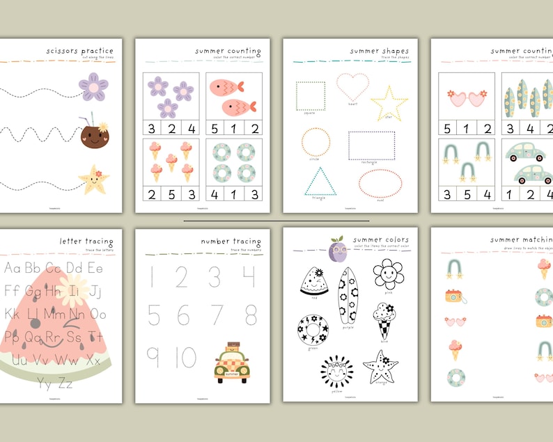 May include: A set of 10 printable summer-themed worksheets for kids. The worksheets include activities such as counting, tracing letters and numbers, matching, and coloring. The worksheets feature images of ice cream cones, surfboards, watermelon, rainbows, and other summer-related items.