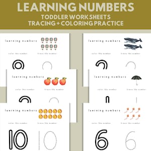May include: A set of six printable worksheets for toddlers to learn numbers. Each worksheet features a number, a picture, and dotted lines for tracing. The worksheets include numbers 0, 1, 2, 3, 6, and 10.