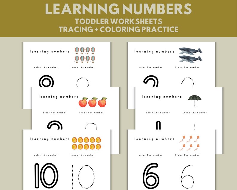 May include: A set of six printable worksheets for toddlers to learn numbers. Each worksheet features a number, a picture, and dotted lines for tracing. The worksheets include numbers 0, 1, 2, 3, 6, and 10.