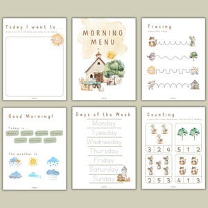 May include: A set of six educational printable pages for children. The pages feature watercolor illustrations and text, including a morning menu, tracing exercises, and counting activities. The color palette includes soft greens, browns, and yellows.