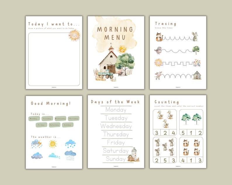 May include: A set of six educational printable pages for children. The pages feature watercolor illustrations and text, including a morning menu, tracing exercises, and counting activities. The color palette includes soft greens, browns, and yellows.