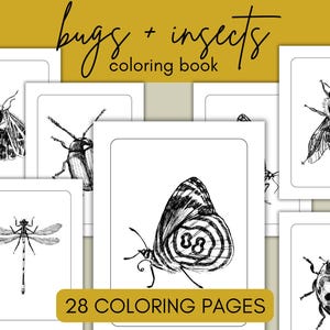 Puede incluir: Ilustraciones en blanco y negro de insectos en páginas blancas, incluyendo una mariposa, una abeja y una libélula. El texto "bugs + insects coloring book" está en la parte superior y "28 COLORING PAGES" en la inferior.