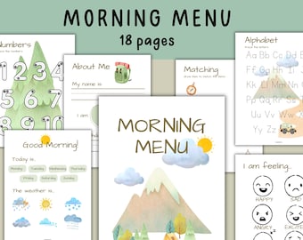 May include: A set of 18 printable pages for a morning routine for kids. The pages feature a mountain, a tree, a backpack, a compass, a car, and a variety of weather icons. The pages include activities such as tracing numbers, matching, and tracing letters. The pages also include a section for the child to write their name and age.