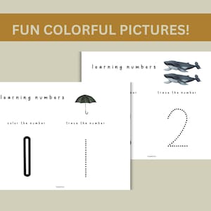 May include: Two printable worksheets for learning numbers. The first worksheet shows the number 0 and has instructions to color the number and trace the number. The second worksheet shows the number 2 and has instructions to trace the number. The first worksheet has a black umbrella illustration. The second worksheet has two blue whale illustrations.
