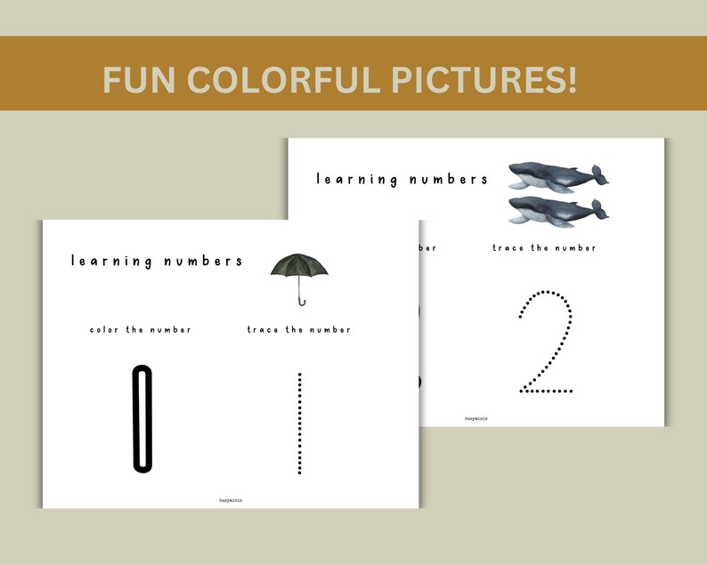 May include: Two printable worksheets for learning numbers. The first worksheet shows the number 0 and has instructions to color the number and trace the number. The second worksheet shows the number 2 and has instructions to trace the number. The first worksheet has a black umbrella illustration. The second worksheet has two blue whale illustrations.