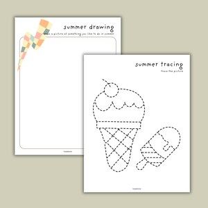 May include: Two printable worksheets for kids. One sheet has a blank space for drawing a picture of something they like to do in the summer. The other sheet has a dotted line drawing of an ice cream cone and a popsicle for tracing.