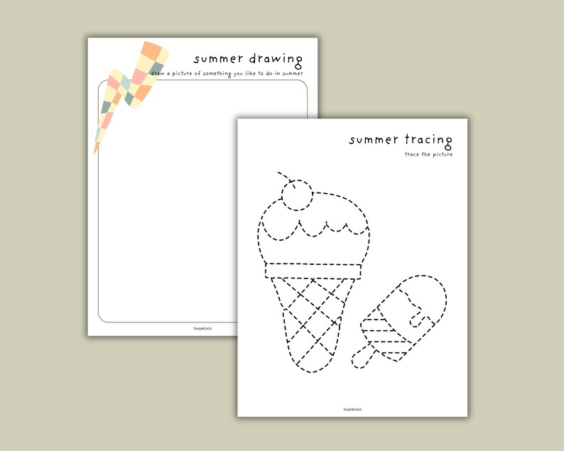 May include: Two printable worksheets for kids. One sheet has a blank space for drawing a picture of something they like to do in the summer. The other sheet has a dotted line drawing of an ice cream cone and a popsicle for tracing.