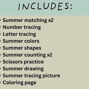 May include: A list of activities included in a summer learning pack. The activities include summer matching, number tracing, letter tracing, summer colors, summer shapes, summer counting, scissors practice, summer drawing, summer tracing picture, and coloring page.