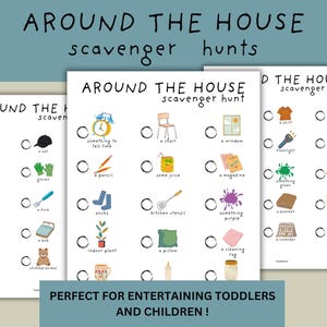 以下が含まれることがあります： 子供向けの印刷可能な宝探しゲームカード3枚。カードは白地に黒のアウトラインとカラフルなイラストが描かれています。カードのタイトルは「家の宝探しゲーム」です。