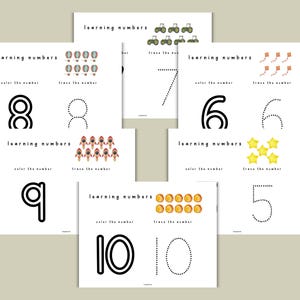 May include: A set of printable worksheets for learning numbers. Each worksheet features a number, a dotted line to trace the number, and a picture of the corresponding number of objects. The objects include hot air balloons, tractors, kites, rockets, stars, and coins.