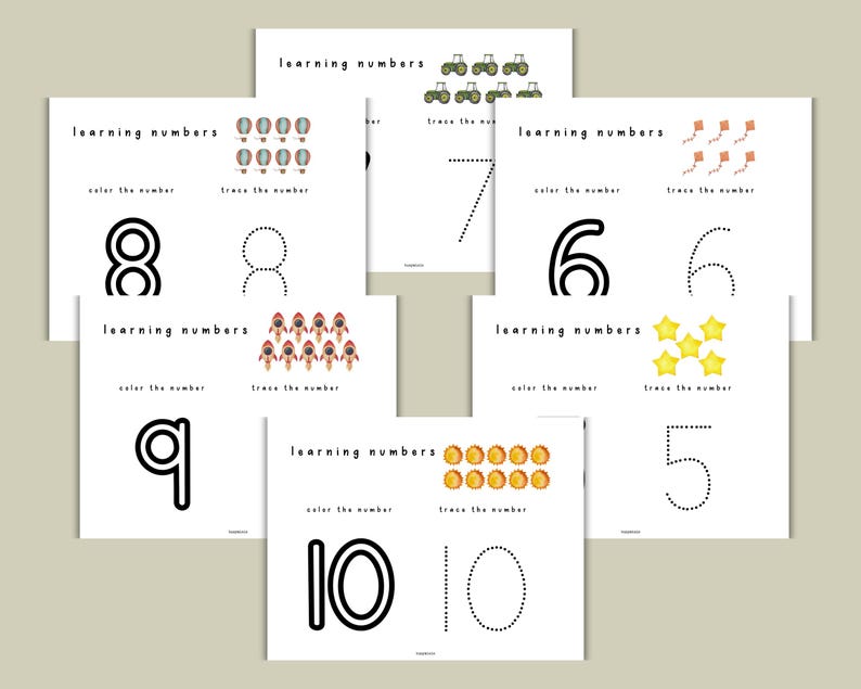 May include: A set of printable worksheets for learning numbers. Each worksheet features a number, a dotted line to trace the number, and a picture of the corresponding number of objects. The objects include hot air balloons, tractors, kites, rockets, stars, and coins.