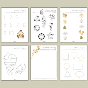 May include: A set of six activity sheets for children. The sheets include number tracing, summer colors, summer matching, summer tracing, summer drawing, and summer shapes. Each sheet has colorful illustrations and text.