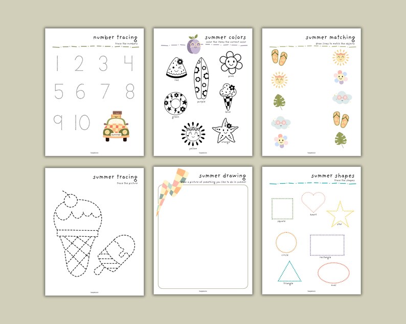 May include: A set of six activity sheets for children. The sheets include number tracing, summer colors, summer matching, summer tracing, summer drawing, and summer shapes. Each sheet has colorful illustrations and text.
