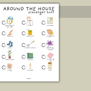 May include: A white scavenger hunt checklist titled "AROUND THE HOUSE" with illustrations of household items like a clock, chair, window, pencil, juice, magazine, socks, utensil, plant, pillow, mug, candle, and jar.