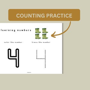 May include: A printable worksheet for learning numbers. The worksheet features a picture of four green rain boots and asks the child to color and trace the number four.