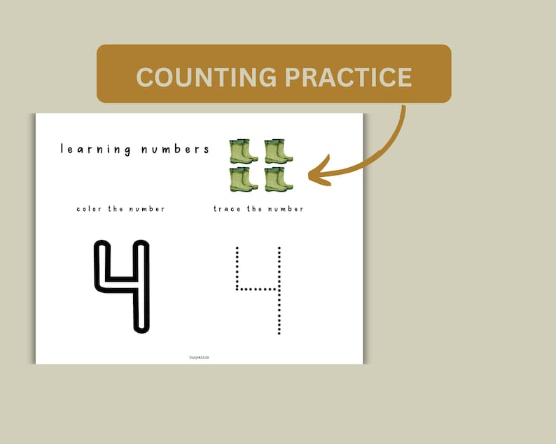 May include: A printable worksheet for learning numbers. The worksheet features a picture of four green rain boots and asks the child to color and trace the number four.