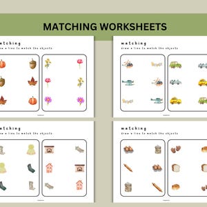 K&ouml;nnte beinhalten: Vier druckbare Arbeitsbl&auml;tter mit Zuordnungsaktivit&auml;ten f&uuml;r Kinder. Jedes Arbeitsblatt enth&auml;lt eine Reihe von bunten Illustrationen zum Zuordnen, wie z. B. K&uuml;rbisse, Eicheln, Bl&auml;tter, Blumen, Hubschrauber, Autos, Stiefel, H&uuml;te, Kamine, Betten, Eier, Mehl, Brot und Zimtschnecken. Der Text auf jedem Arbeitsblatt lautet "Matching" und "Verbinde die Objekte mit einer Linie".