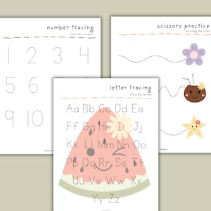 May include: Three printable worksheets for kids to practice tracing numbers, letters, and cutting along lines. The worksheets feature a watermelon, a coconut, and a flower.