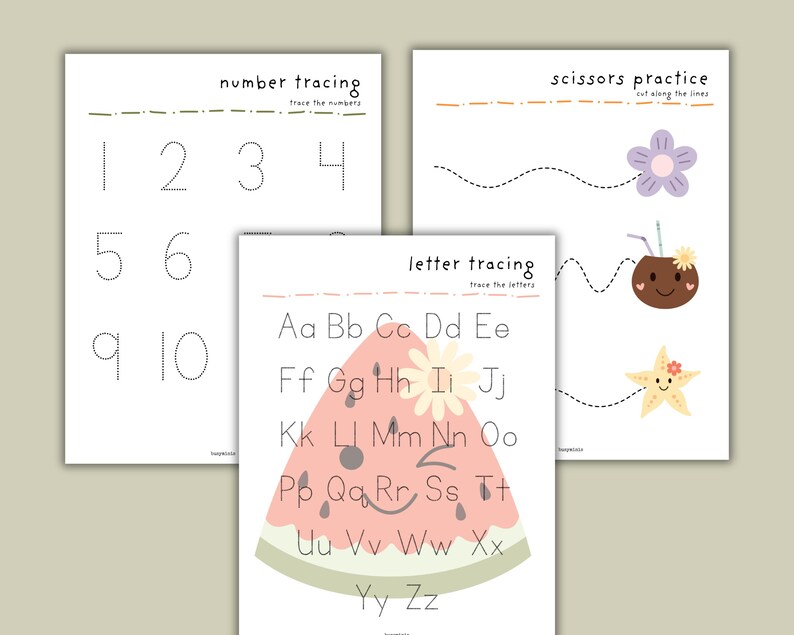 May include: Three printable worksheets for kids to practice tracing numbers, letters, and cutting along lines. The worksheets feature a watermelon, a coconut, and a flower.