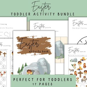 May include: Easter activity book for toddlers with 17 pages. The book includes activities such as tracing, counting, puzzles, and a maze. The cover features a colorful illustration of a tomb with a stone rolled away.