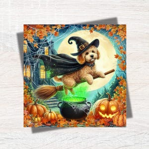 May include: A square art print featuring a golden puppy wearing a black witch hat and cape, flying on a broomstick over a glowing green cauldron. The scene includes orange pumpkins, autumn leaves, spiderwebs, and a large full moon in the background.