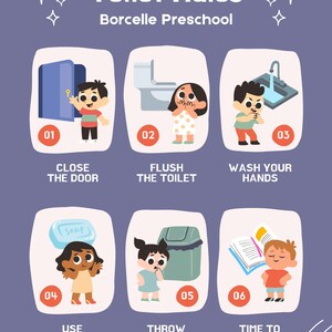 May include: A purple poster with the text "Toilet Rules" and "Borcelle Preschool". The poster features six illustrated steps with children demonstrating bathroom etiquette: closing the door, flushing, washing hands, using soap, throwing trash, and learning.
