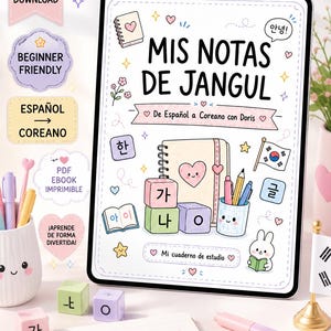 May include: A digital download notebook with the title "MIS NOTAS DE JANGUL" in Spanish, for learning Korean. The design includes a spiral notebook, Korean characters, a Korean flag, and a cute bunny reading a book. The notebook is beginner-friendly.