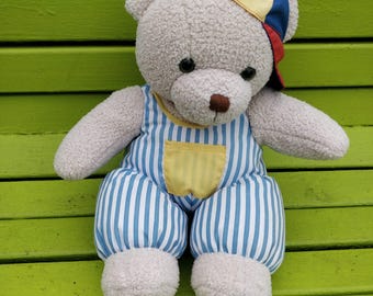 Vintage Teddy Bear Plush Brown Beige Red Plaid Shirt Blue Overalls